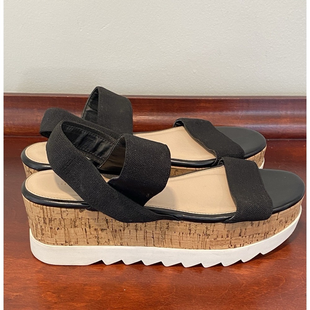Madden Girl Simonee Platform Cork Wedge Sandals 6.5 Black Casual Stretch Straps